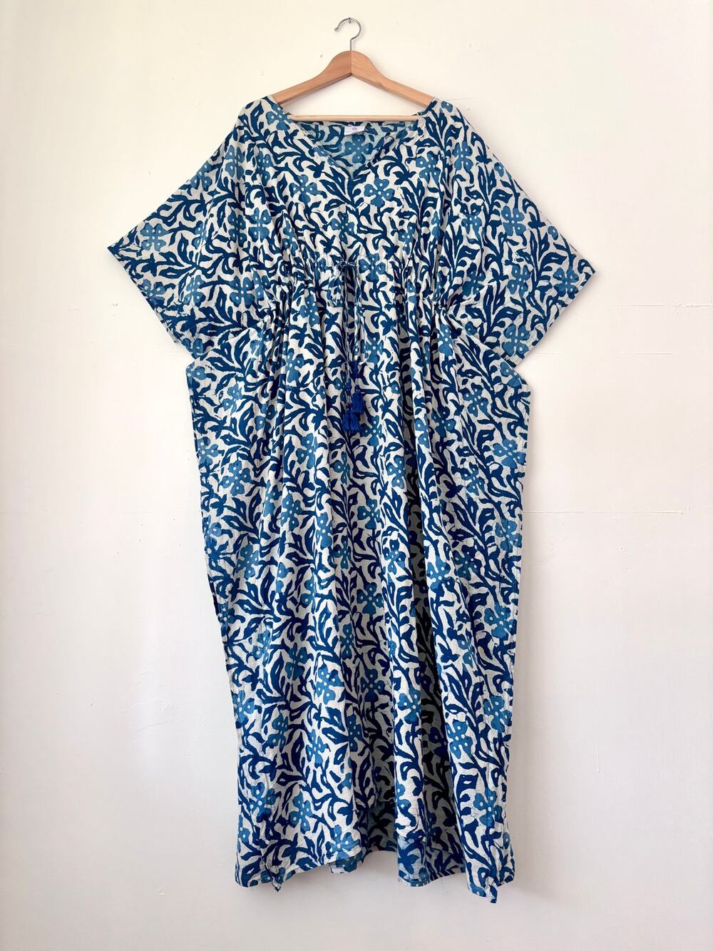 $285 Pax Philomena Indigo Floral Block Printed 100% Cotton Kaftan Boho- One Size